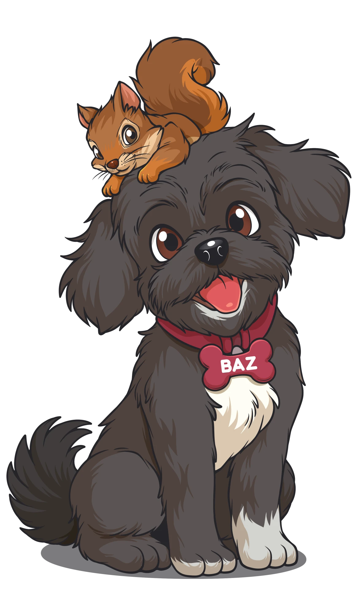 Cartoon illustration of Baz, a black fluffy dog with a white chest, a small squirrel perched on his head.