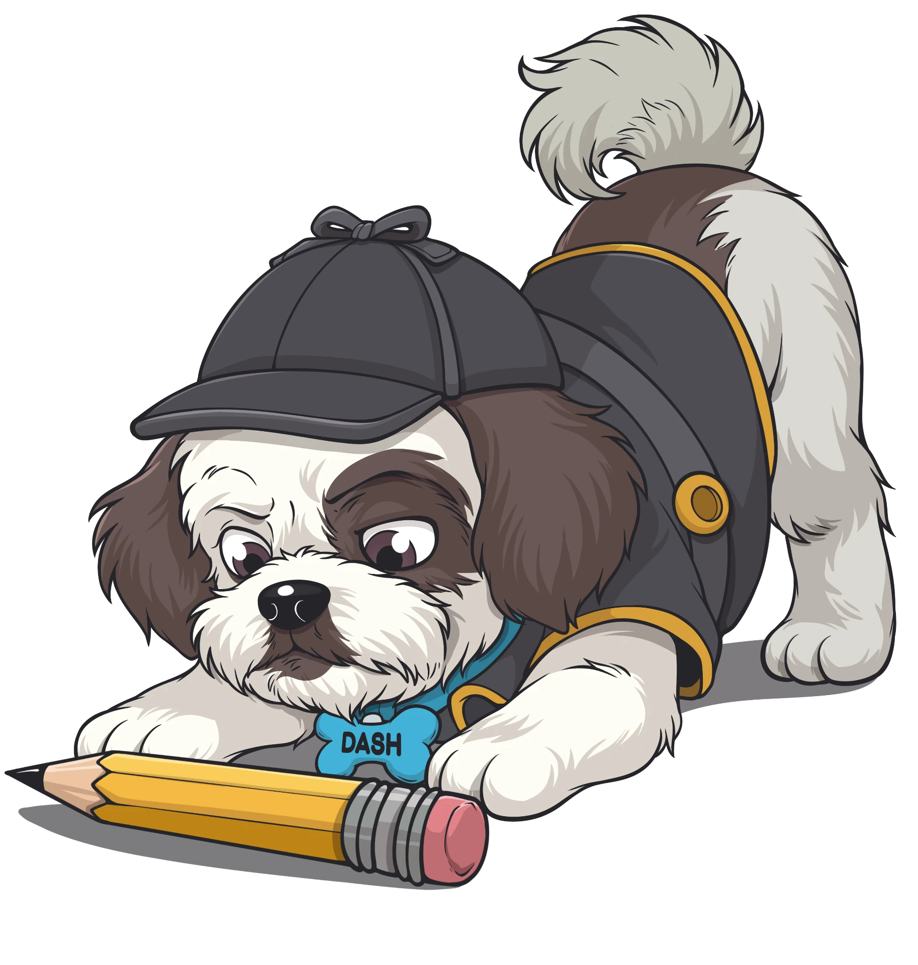 Cartoon illustration of Dash, a brown-and-white dog in a detective deerstalker hat and cape, holding a pencil in his mouth.