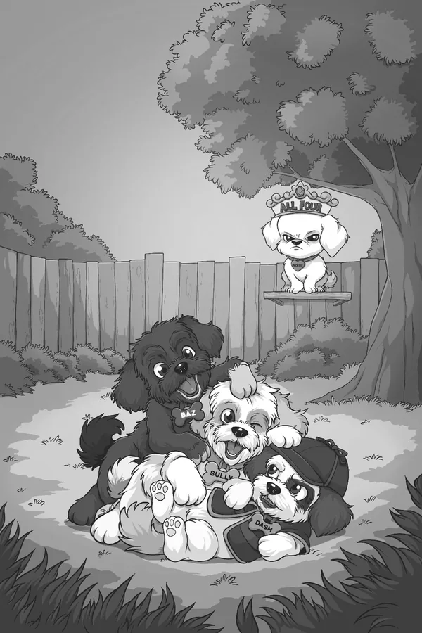 Illustration: Baz, Sully, and Dash wrestle in a happy pile in the yard while Phoebe watches from her perch beneath a banner reading ALL FOUR.