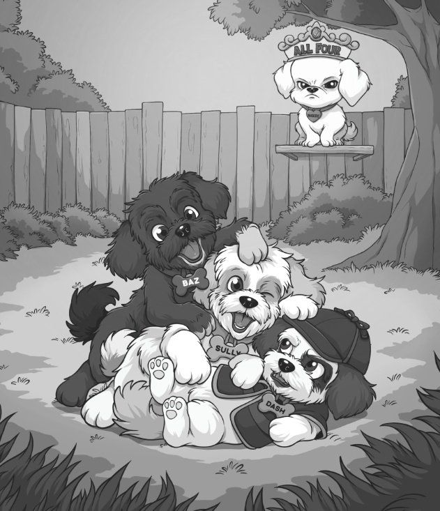 Illustration: Baz, Sully, and Dash tumbling together while Phoebe supervises from her perch.