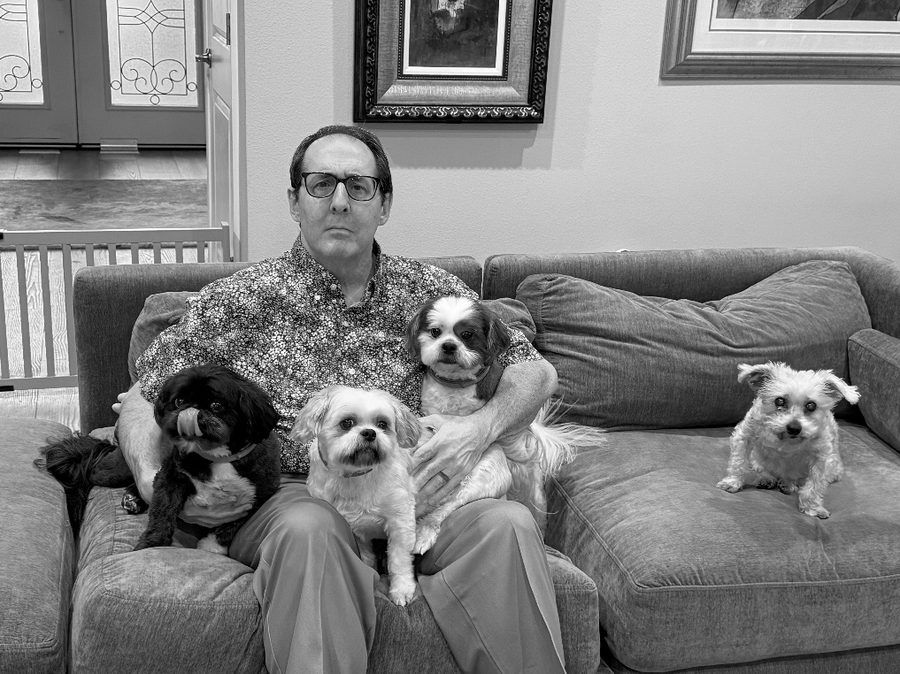 Phil on the couch with Taz, Sully, and Dash gathered in close — and Phoebe supervising from a slight distance at the far end.
