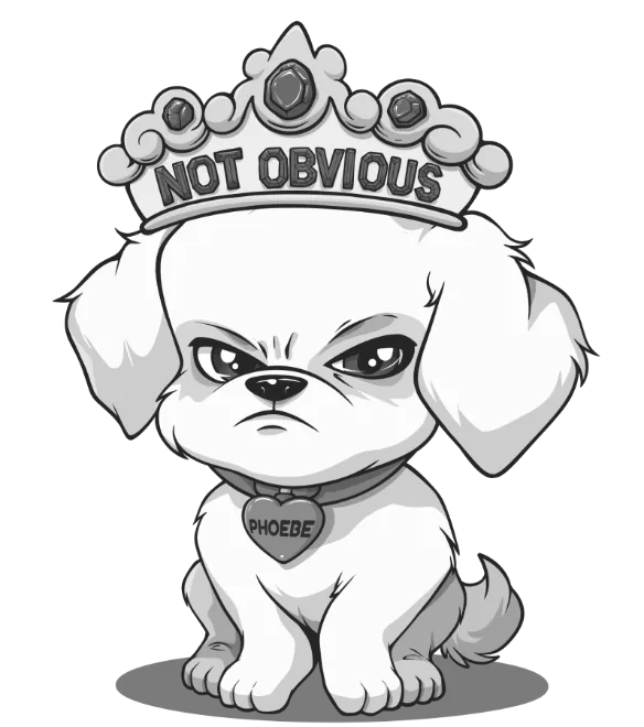 Illustration: Phoebe, unimpressed, wearing a jeweled crown that reads NOT OBVIOUS.