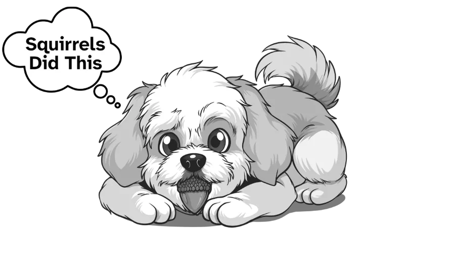 Illustration: Sully lying flat with an acorn in his mouth and a thought bubble reading “Squirrels Did This.”